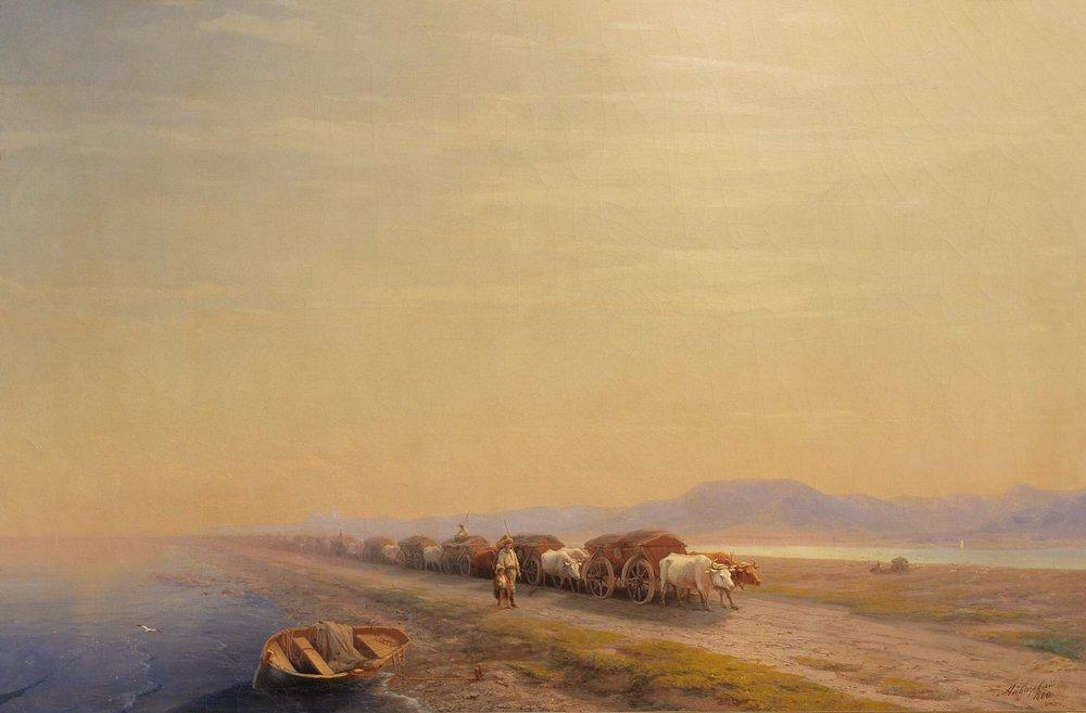 Buy Museum Art Reproductions Ox train on the sea shore, 1860 by Ivan Aivazovsky (1817-1900, Russia) | ArtsDot.com