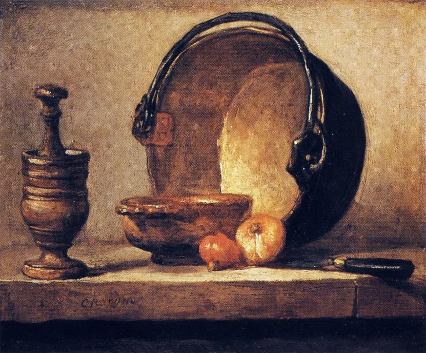 Order Art Reproductions Still Life with Pestle, Bowl, Copper Cauldron, Onions and a Knife by Jean-Baptiste Simeon Chardin (1699-1779, France) | ArtsDot.com