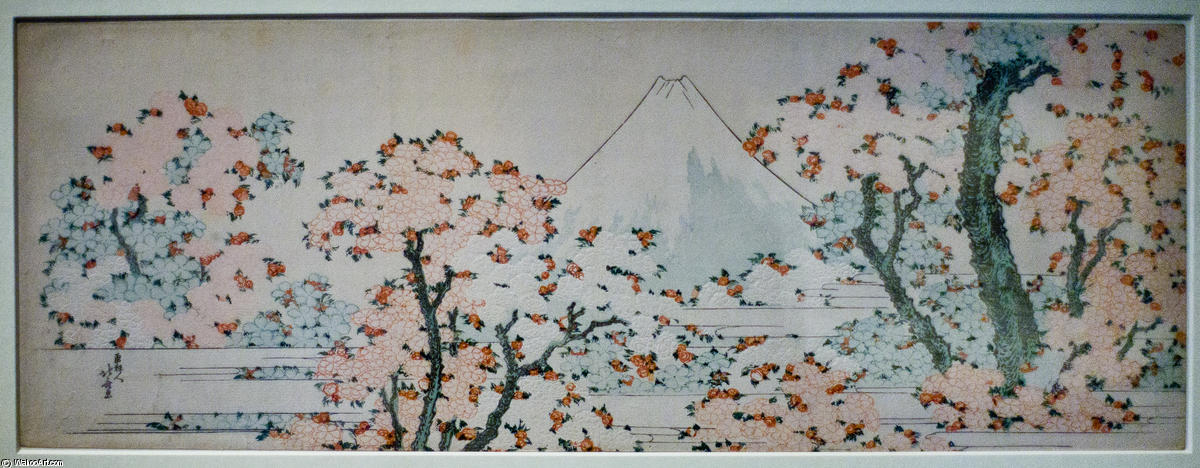 Order Oil Painting Replica View on Mount Fuji between flowerin trees by Katsushika Hokusai (1760-1849, Japan) | ArtsDot.com