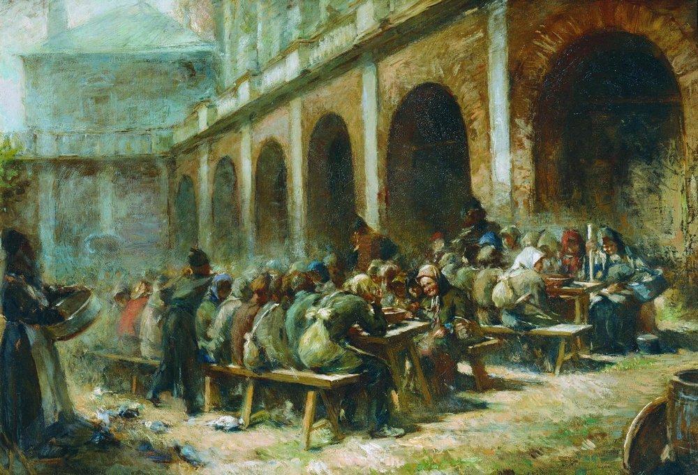 Order Art Reproductions Meal of pilgrims in the Trinity Lavra of St. Sergius by Konstantin Yegorovich Makovsky (1839-1915, Russia) | ArtsDot.com