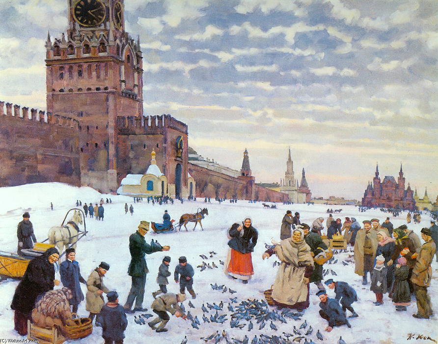 Order Art Reproductions Feeding pigeons in Red Square in the years 1890-1900, 1946 by Konstantin Yuon (Inspired By) (1875-1958, Russia) | ArtsDot.com