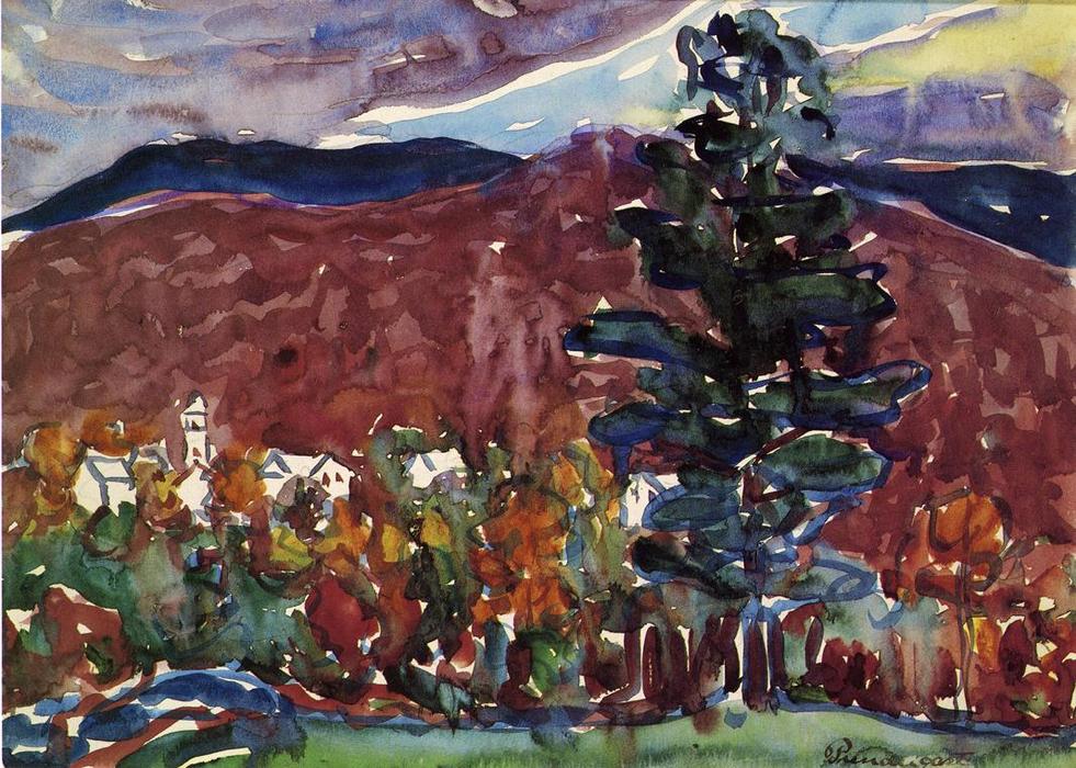 Order Artwork Replica Village Against Purple Mountain, 1913 by Maurice Brazil Prendergast (1858-1924, Canada) | ArtsDot.com