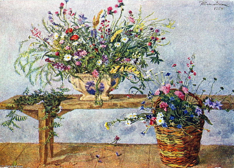 Order Art Reproductions Still Life. Flowers on the bench., 1954 by Pyotr Konchalovsky (Inspired By) (1876-1956, Russia) | ArtsDot.com
