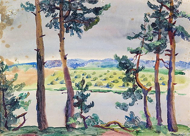 Buy Museum Art Reproductions Fir trees by the river by Pyotr Konchalovsky (Inspired By) (1876-1956, Russia) | ArtsDot.com