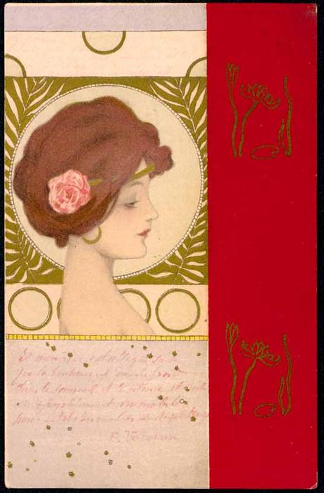 Order Art Reproductions Girls faces with red border by Raphael Kirchner (1875-1917, Austria) | ArtsDot.com