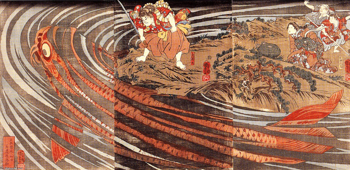 Buy Museum Art Reproductions Oniwakamaru preparing to kill a giant carp by Utagawa Kuniyoshi (1797-1861, Japan) | ArtsDot.com