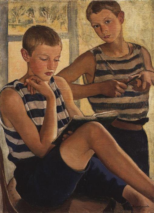 Order Paintings Reproductions Boys in sailor`s striped vests, 1919 by Zinaida Serebriakova (Inspired By) (1884-1967, Ukraine) | ArtsDot.com