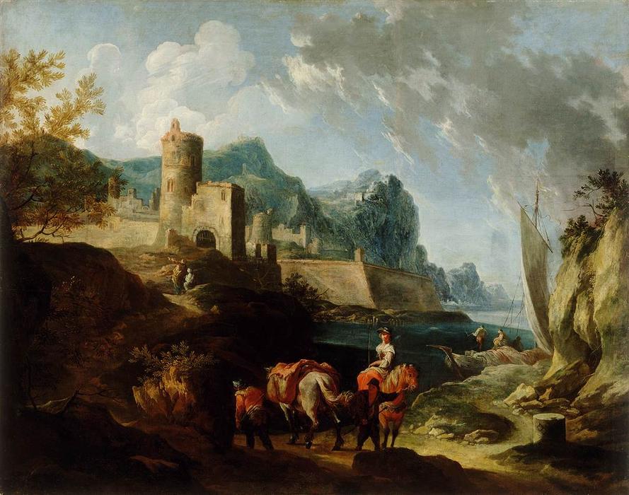 Order Paintings Reproductions Seacoast with Travellers and a Town by Franz Ignaz Flurer (1688-1742, Germany) | ArtsDot.com