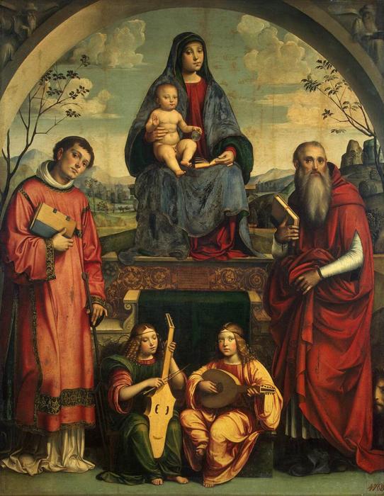 Order Oil Painting Replica Madonna and Child with Sts Lawrence and Jerome, 1500 by Francesco Francia (Francesco Raibolini) (1450-1517, Italy) | ArtsDot.com