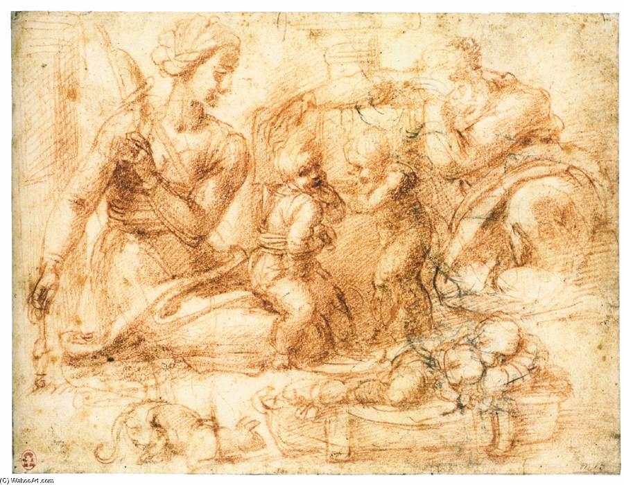 Order Paintings Reproductions Woman with a Distaff and Three Children (recto), 1515 by Michelangelo Buonarroti (1475-1564, Italy) | ArtsDot.com