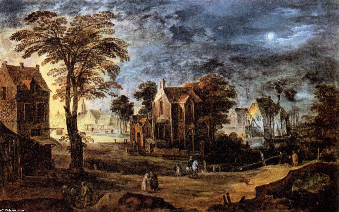 Order Oil Painting Replica Village at Full Moon by Joos De Momper (1564-1635, Belgium) | ArtsDot.com