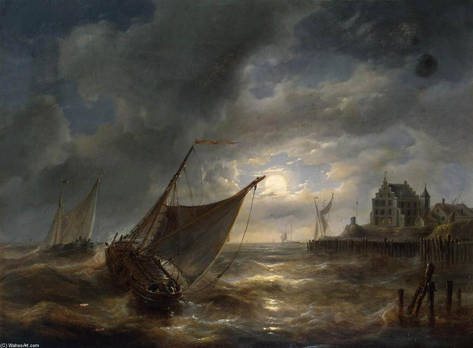 Buy Museum Art Reproductions Harbour by Night by Louis Charles Verboeckhoven (1802-1889, Belgium) | ArtsDot.com