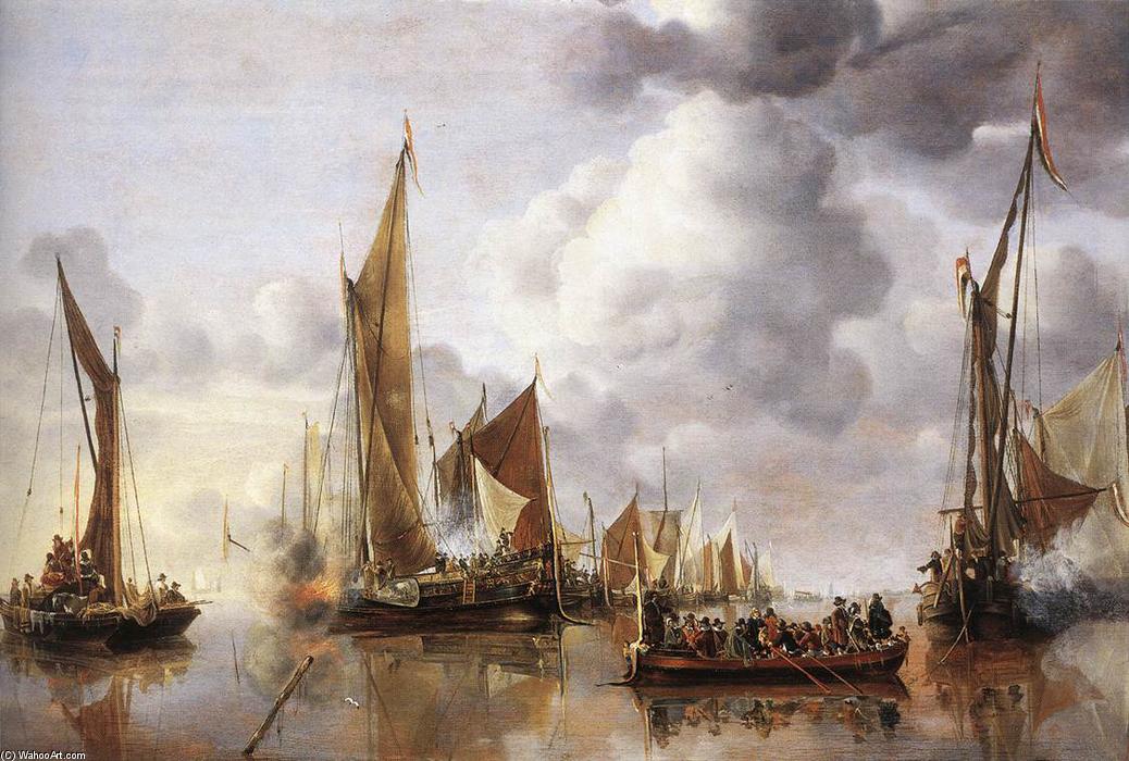 Order Oil Painting Replica The State Barge Saluted by the Home Fleet, 1650 by Jan Van De Cappelle (1624-1679, Netherlands) | ArtsDot.com