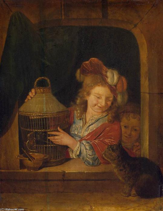 Order Paintings Reproductions Children with a Cage and a Cat, 1680 by Eglon Van Der Neer | ArtsDot.com