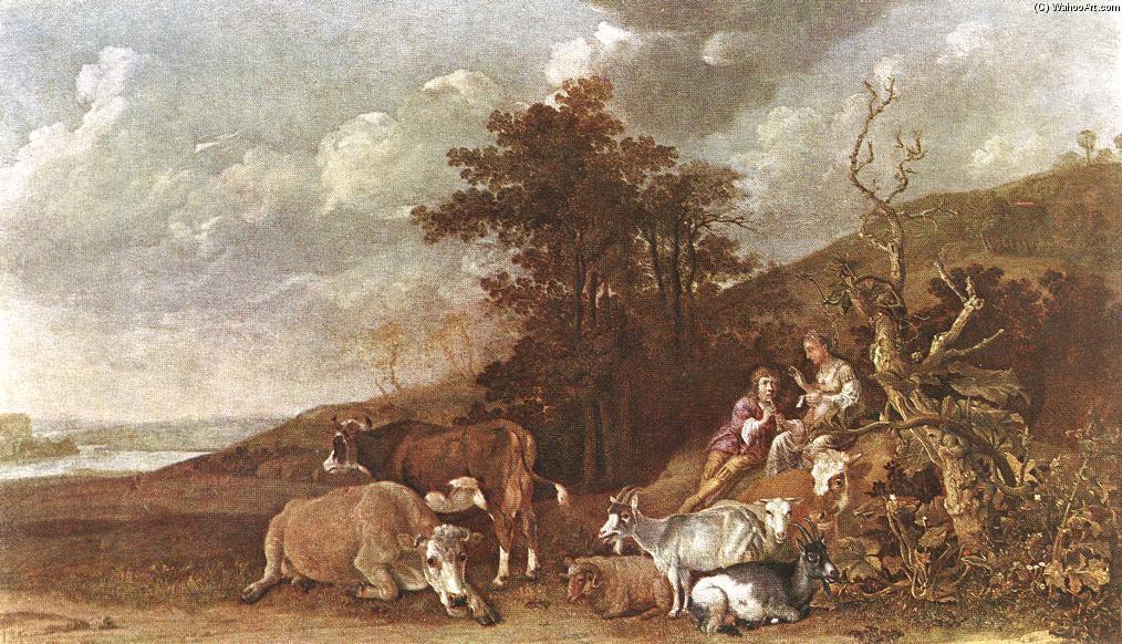 Buy Museum Art Reproductions Landscape with Shepherdess and Shepherd Playing Flute, 1642 by Paulus Potter (1625-1654, Netherlands) | ArtsDot.com