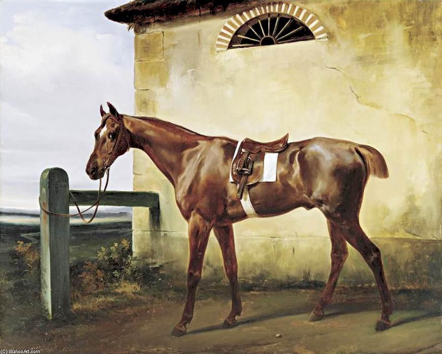 Order Paintings Reproductions A Saddled Race Horse Tied to a Fence, 1828 by Emile Jean Horace Vernet (1789-1863) | ArtsDot.com