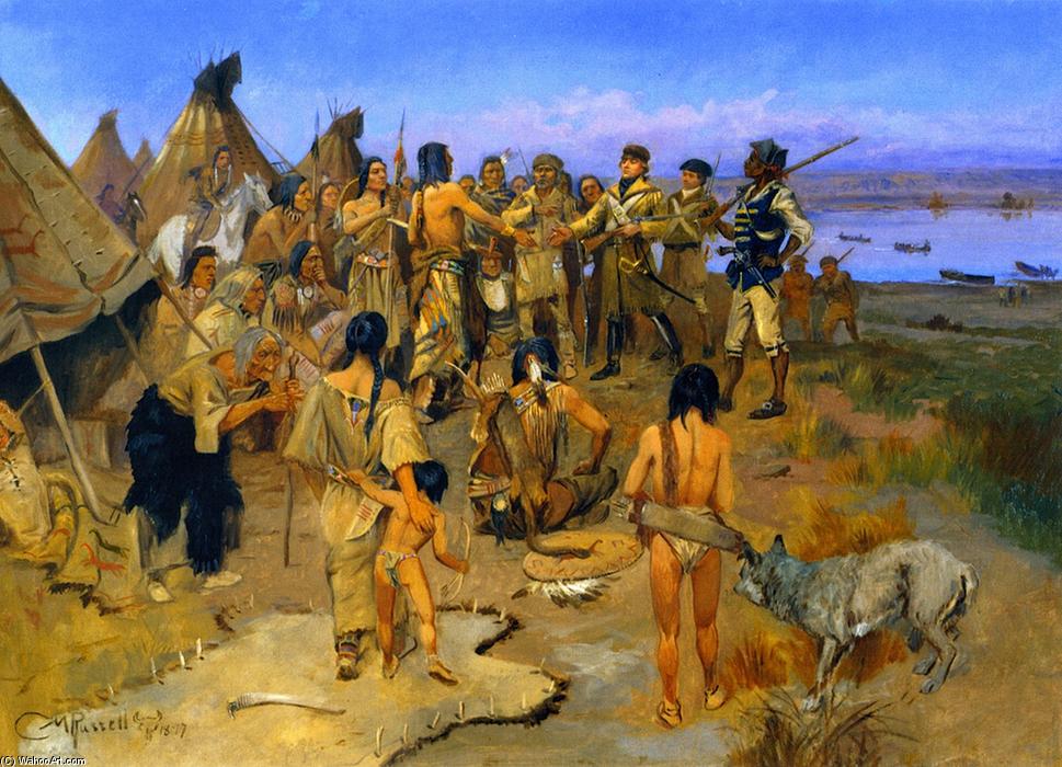 Order Art Reproductions Lewis and Clark Meeting the Mandan Indians (also known as Captain William Clark of the Lewis and Clark Expedition Meeting with the Indians of the Northwest), 1897 by Charles Marion Russell (1864-1926, United States) | ArtsDot.com