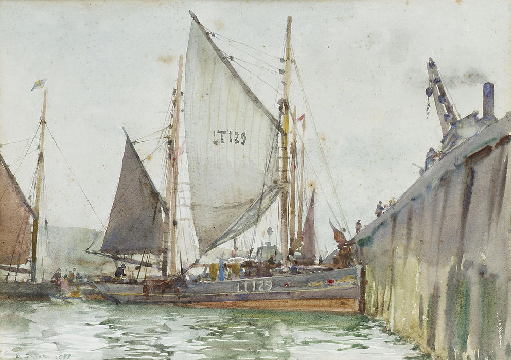 Order Paintings Reproductions A Lowestoft trawler coming alongside the quay by Henry Scott Tuke (1858-1929, United Kingdom) | ArtsDot.com