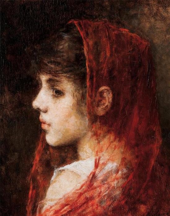 Order Paintings Reproductions Portrait of a young girl with a red veil by Alexei Alexeievich Harlamoff (1840-1925, Russia) | ArtsDot.com
