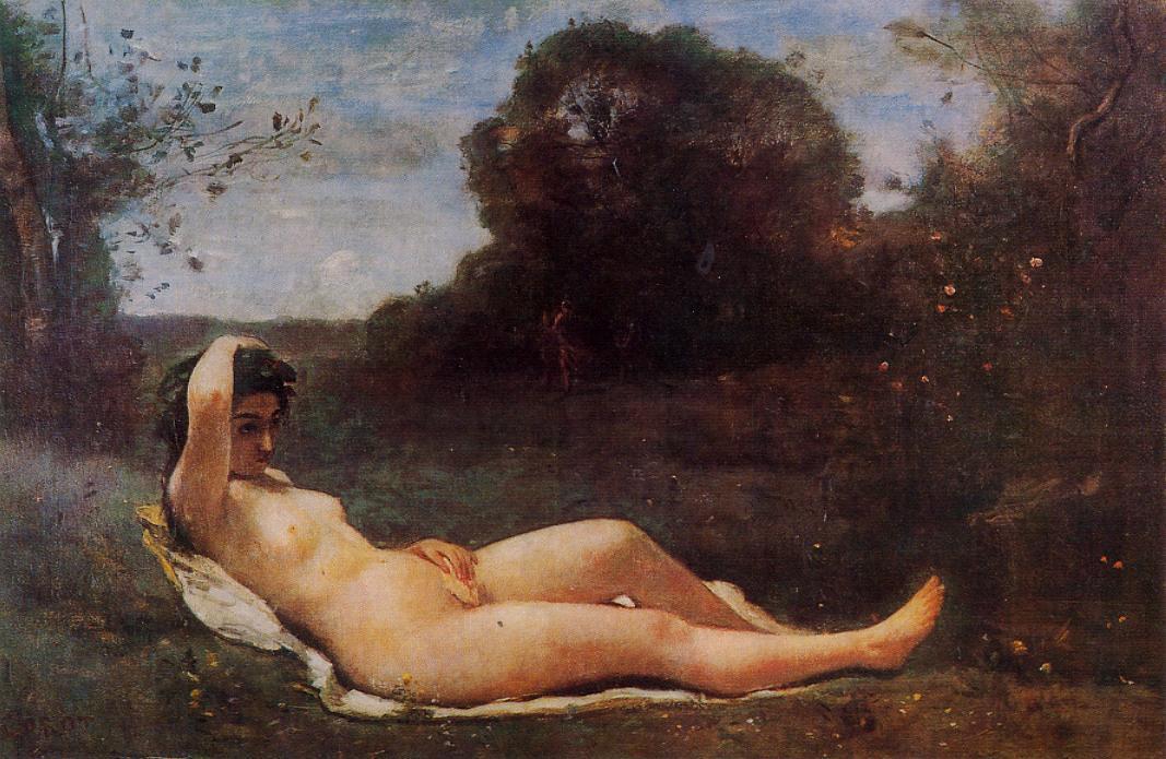 顺序 手工油畫 Reclining Nymph, 1855 通过 Jean Baptiste Camille Corot (1796-1875, France) | ArtsDot.com