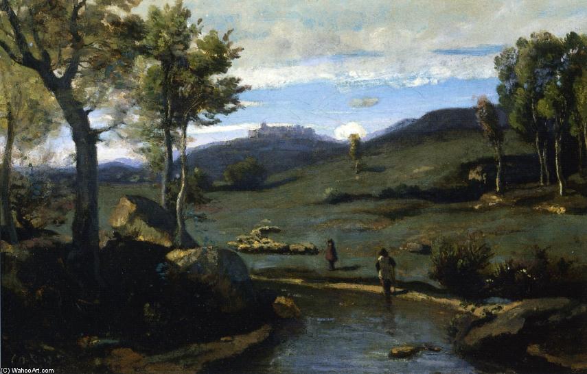 Order Oil Painting Replica Roman Campagne - Rocky Valley with a Herd of Pigs, 1827 by Jean Baptiste Camille Corot (1796-1875, France) | ArtsDot.com