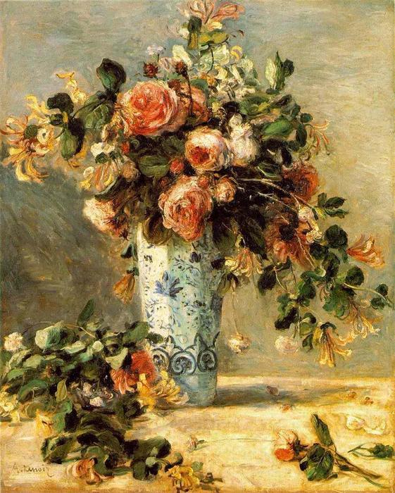 Bestellen Kunstreproduktionen Rosen und Jasmine in einem Delft Vase, 1881 von Pierre-Auguste Renoir (1841-1919, France) | ArtsDot.com