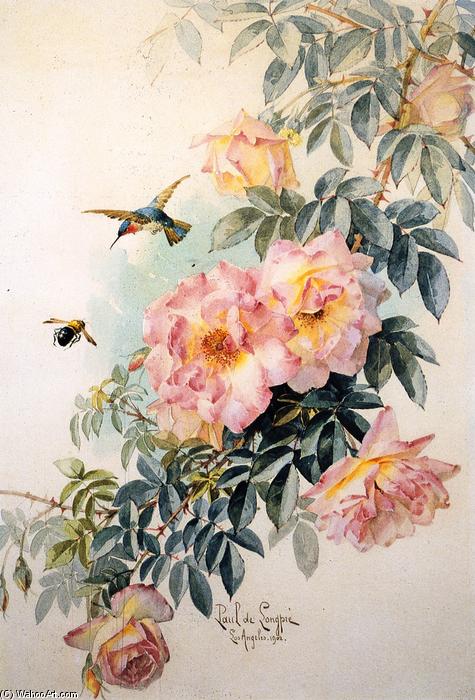 Order Artwork Replica Roses with Hummingbird and Bumblebee, 1902 by Raoul De Longpre (1859-1911, France) | ArtsDot.com