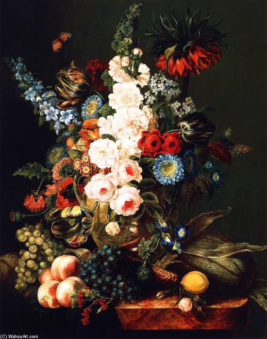 Order Oil Painting Replica Still Life with Flowers, Fruit and Corn, 1846 by Cornelius David Krieghoff (1815-1872, Netherlands) | ArtsDot.com