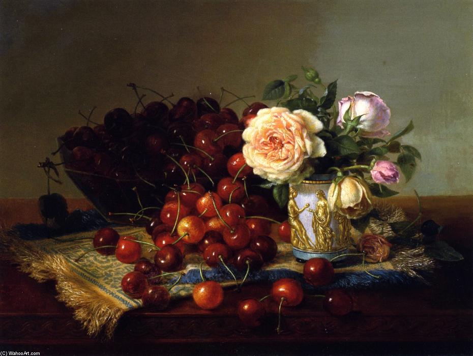 Order Oil Painting Replica Still LIfe with Roses and Cherries, 1875 by Robert Spear Dunning (1829-1905, Australia) | ArtsDot.com