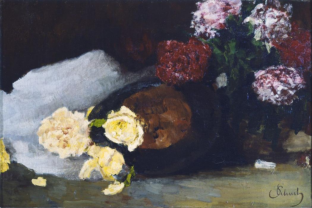 Order Paintings Reproductions Still life with tea roses, peonies and opera hat, 1885 by Carl Eduard Schuch (1846-1903, Austria) | ArtsDot.com