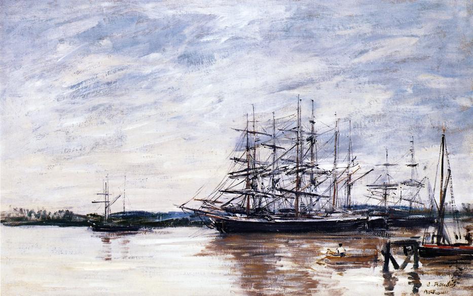 Order Oil Painting Replica Three Masted Ship in Port, Bordeaux, 1874 by Eugène Louis Boudin (1824-1898, France) | ArtsDot.com