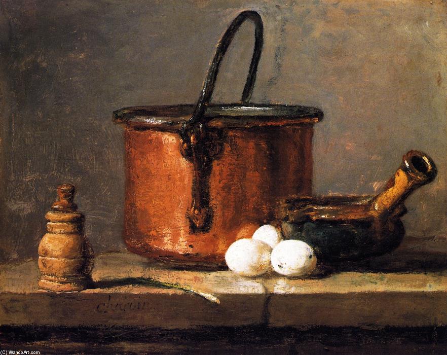 Order Paintings Reproductions Tinned Copper Pot, Pepper Box, Leek, Three Eggs and a Casserole, 1734 by Jean-Baptiste Simeon Chardin (1699-1779, France) | ArtsDot.com