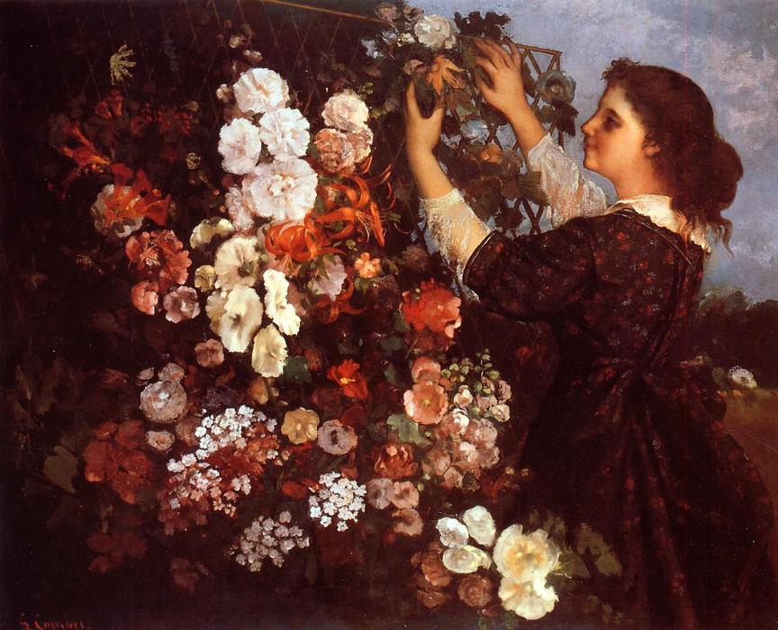 Order Oil Painting Replica The Trellis (also known as Young Woman Arranging Flowers), 1862 by Gustave Courbet (1819-1877, France) | ArtsDot.com