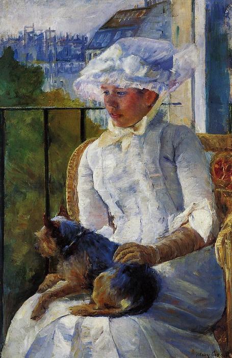 Order Oil Painting Replica Young Girl at a Window (also known as Susan on a Balcony Holding a Dog), 1883 by Mary Stevenson Cassatt (1843-1926, United States) | ArtsDot.com