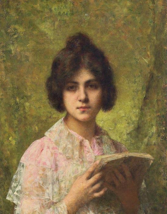 Order Oil Painting Replica Young Girl Holding a Book by Alexei Alexeievich Harlamoff (1840-1925, Russia) | ArtsDot.com
