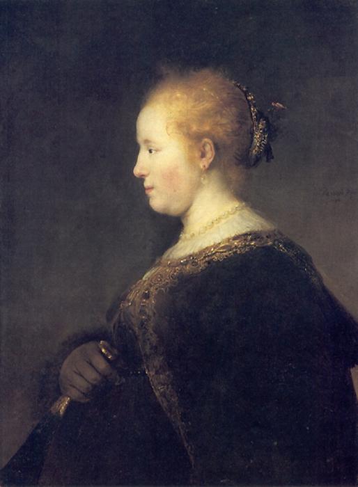 Order Art Reproductions A Young Woman in Profile with a Fan, 1632 by Rembrandt Van Rijn (1606-1669, Netherlands) | ArtsDot.com