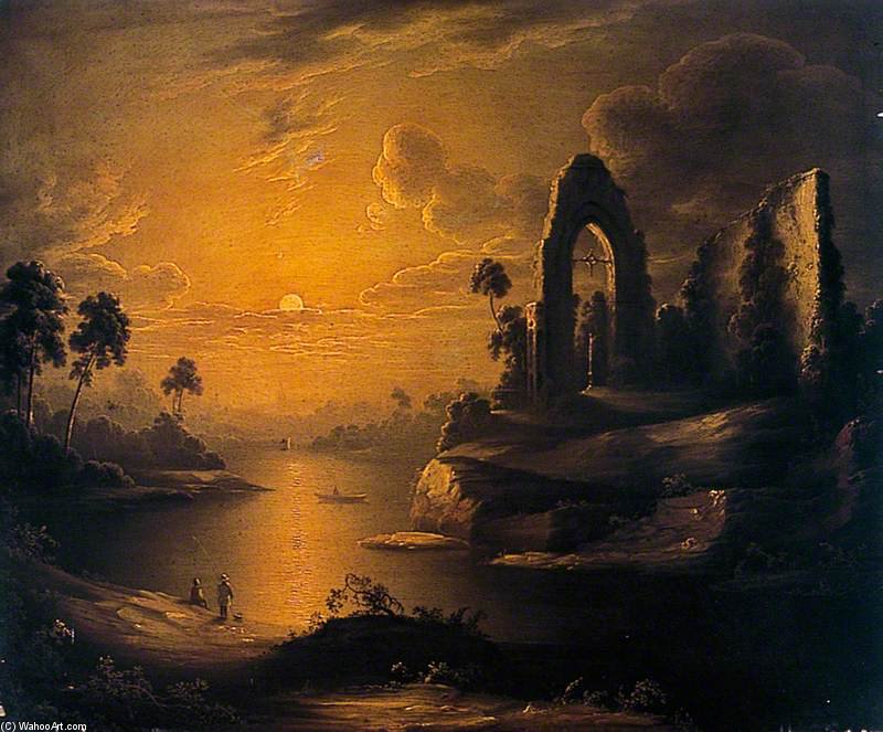Order Art Reproductions Moonlit Landscape With Lake And Ruined Abbey by Abraham Pether (1756-1812, United Kingdom) | ArtsDot.com