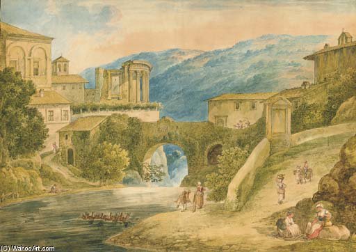 Order Paintings Reproductions Tivoli With The Temple Of Vesta, Figures In The Foreground by Bartolomeo Pinelli (1781-1835, Italy) | ArtsDot.com