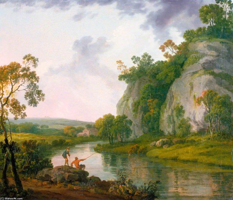 Order Oil Painting Replica Landscape With Two Boys Fishing, Evening by George Barret The Elder (1732-1784, Ireland) | ArtsDot.com