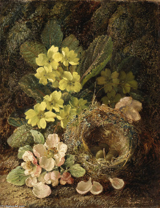 Order Art Reproductions Primroses And Bird`s Nest On A Mossy Bank by Vincent Clare (1855-1930, United Kingdom) | ArtsDot.com
