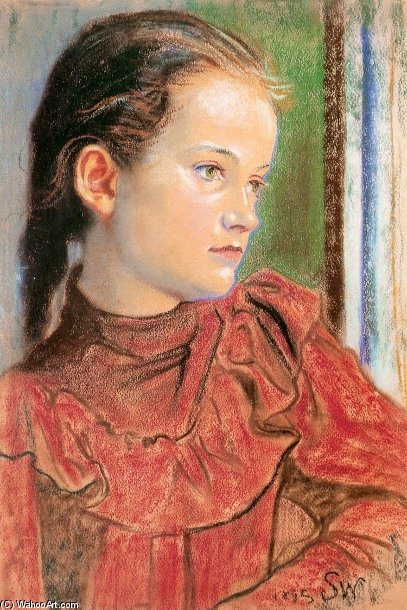 Order Paintings Reproductions Portrait Of A Girl In A Red Dress by Stanislaw Wyspianski (1869-1907, Poland) | ArtsDot.com