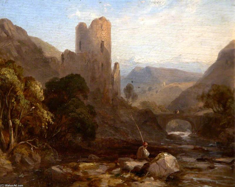 Order Oil Painting Replica A Man Fishing In A Stream By A Ruined Castle by John Sell Cotman (1782-1842, United Kingdom) | ArtsDot.com