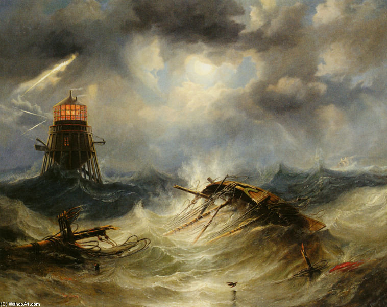 Order Oil Painting Replica The Irwin Lighthouse, Storm Raging by John Wilson Carmichael (1800-1868, United Kingdom) | ArtsDot.com