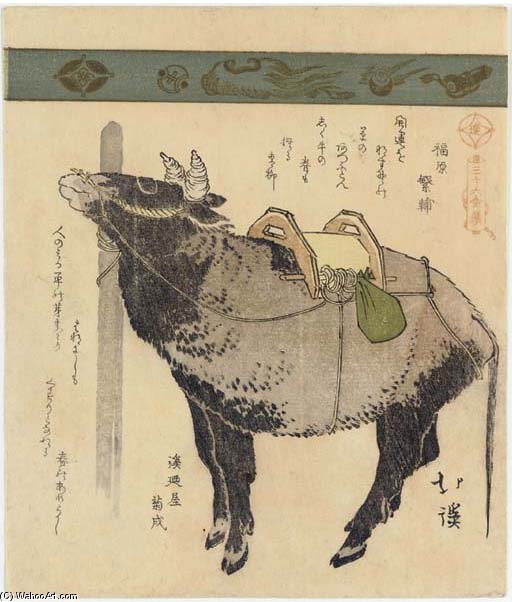 Order Oil Painting Replica Tethered Ox, From The Series Sanjurokkin Tsuzuki by Toyota Hokkei (1780-1850, Japan) | ArtsDot.com