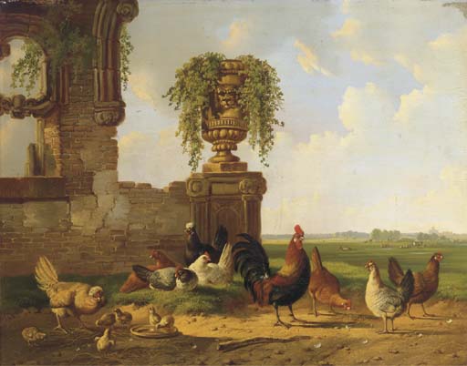 Order Oil Painting Replica Poultry By A Ruin, An Extensive Landscape Beyond by Albertus Verhoesen (1806-1881, Netherlands) | ArtsDot.com