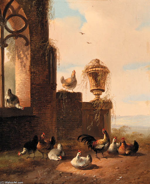 Order Paintings Reproductions Rooster And Chickens Near A Ruin by Albertus Verhoesen (1806-1881, Netherlands) | ArtsDot.com