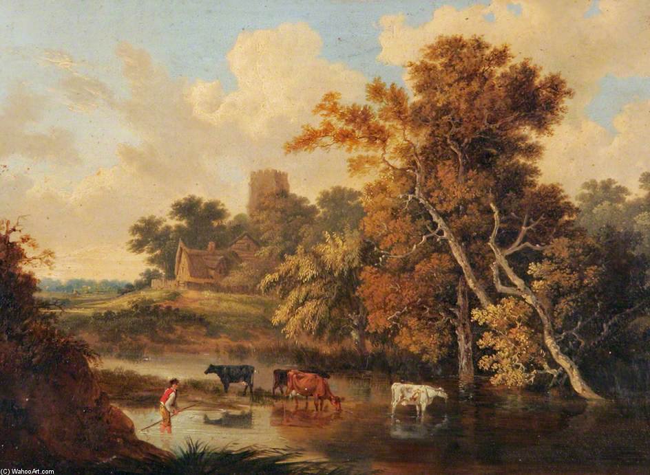 Order Paintings Reproductions Cows In A Woodland Pool by John Berney Ladbrooke (1803-1879, United Kingdom) | ArtsDot.com