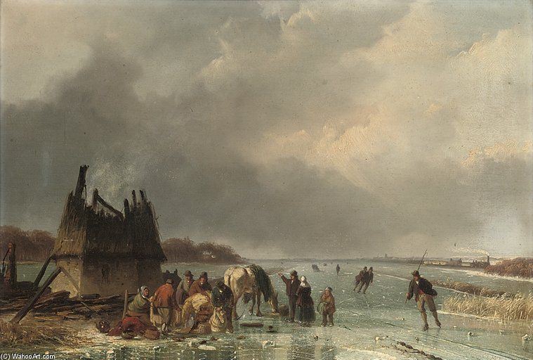 Order Art Reproductions Skaters By A Burnt Out Hut by Nicolaas Johannes Roosenboom (1805-1880, Netherlands) | ArtsDot.com
