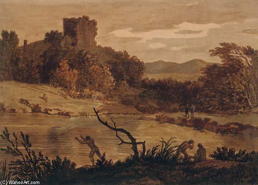Order Paintings Reproductions A Landscape With Men Bathing And A Ruined Tower Beyond by Alexander Cozens (1717-1786, Russia) | ArtsDot.com
