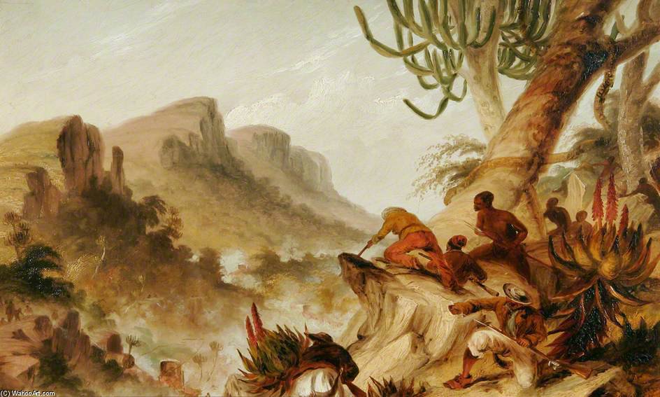 Order Paintings Reproductions Kaffirs And Rebel Hottentots Attacking A Wagon Train by Thomas Baines (1820-1875, United Kingdom) | ArtsDot.com